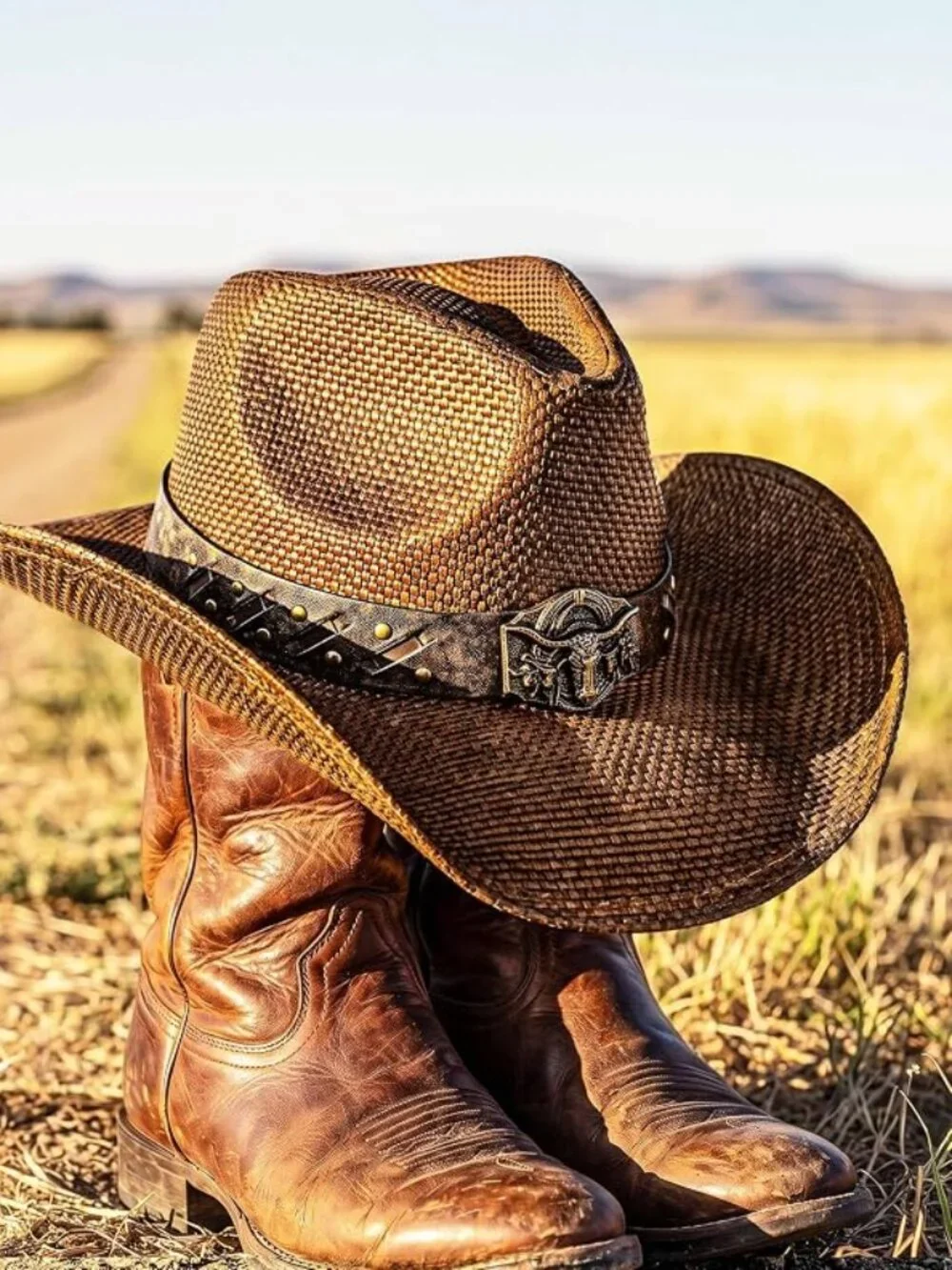 Men - Distressed Straw Western Hat with Shapeable Brim for Cowboys